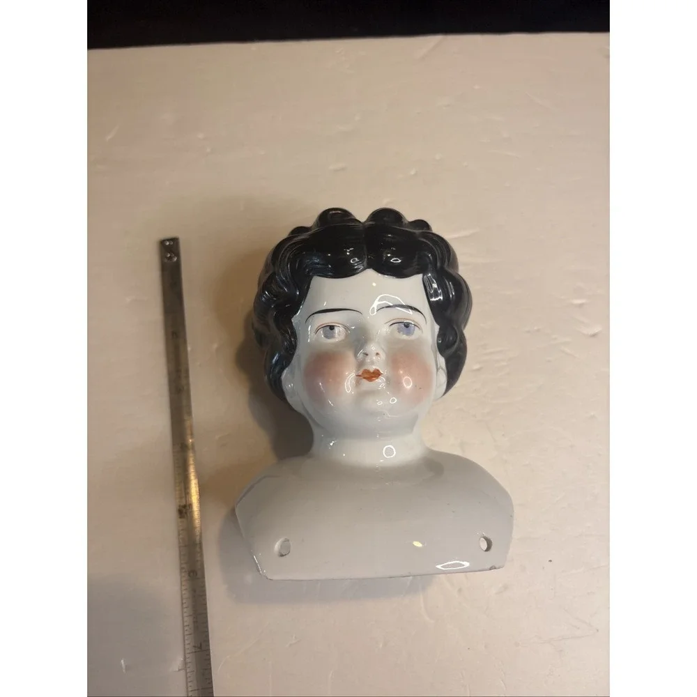 Antique German China Head Doll Head Black Curly Hair Blue Eyes Low Brow